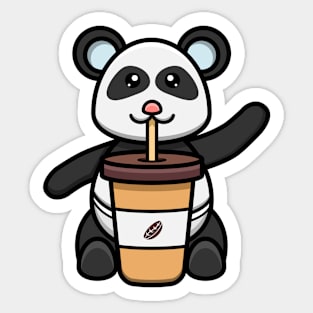 Sticker and Label Of Cute Baby Panda With Coffee. Sticker